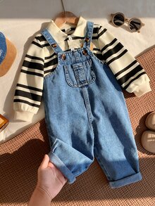 SHEIN 2件組男嬰秋冬休閒條紋衛衣與牛仔吊帶長褲套裝，衛衣套裝，嬰兒套裝，秋冬套裝，吊帶褲套裝，條紋套裝 - 彩色 - 查看 7
