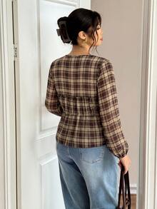 Lounesse Plus Size Women's Plaid Front Tie Long Sleeve Casual Shirt - Brown - View 2
