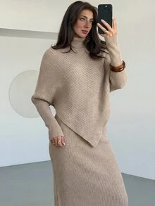 Aloruh 酒紅色針織兩件套 新款秋季 - 杏色 - 查看 7