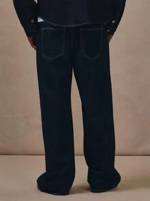 Baggy Denim Jeans Silver Hardwear Brown Leather "Musero Patch" Autum Winter Essentials - Navy Blue - View 4