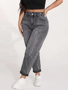 SHEIN بنطلون جينز نسائي مقاس كبير بخصر عالي وجيوب كاجوال متعدد الاستخدامات - رمادي - مشاهدة 1