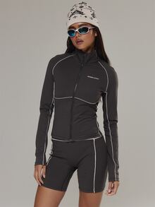 Musera Sport Contrast Colour Piped Fitted Cinched Zip Through BBL Style Coord Jacket Active Outdoors Workout Gym Terra Peak - Black - View 1