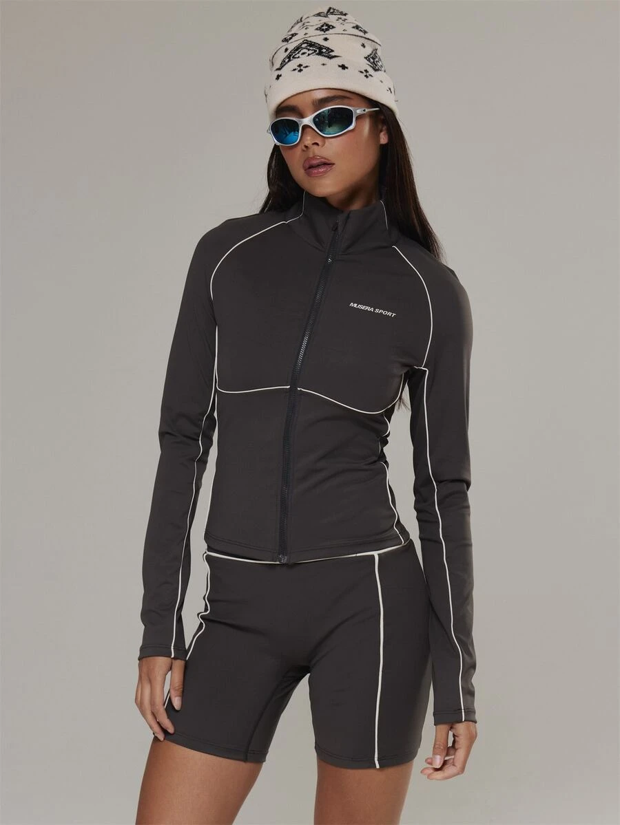 Musera Sport Contrast Colour Piped Fitted Cinched Zip Through BBL Style Coord Jacket Active Outdoors Workout Gym Terra Peak - Black - View 1