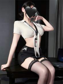 Dansine Sexy Lace Trim Short Sleeve Cropped Secretary Cosplay Uniform Student Outfit Lingerie Set - Black and White - View 5