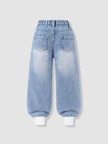 SHEIN 少女 Y2K 街頭日常彈力腰直筒牛仔褲，附平口袋，女孩日常 OOTD 套裝 - 深色水洗藍 - 查看 2
