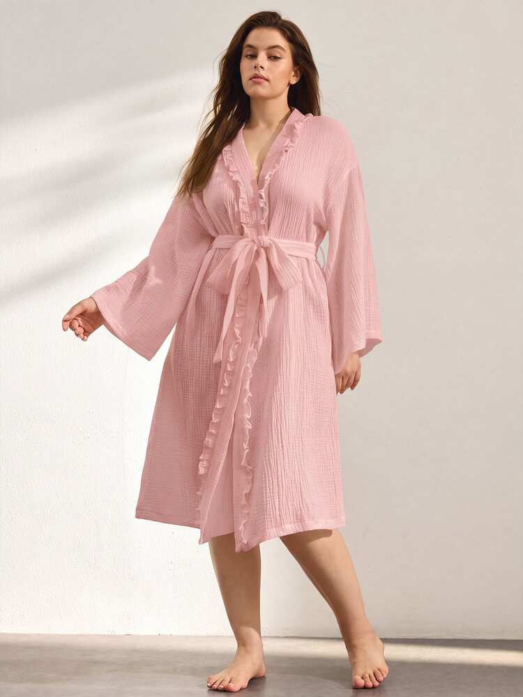 Ocili Leisure Pure Cotton Double Layer Crinkle Fabric Minimalist Comfortable Frill Trim Long Robe Women's Loungewear Plus Size - Pink - View 4