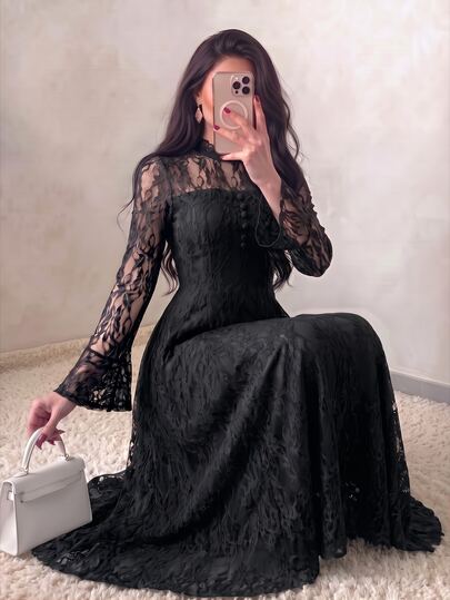 Celisse Vestido elegante para mujer con cuello alto, mangas acampanadas, encaje y diseño de botones