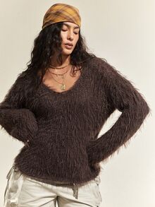 SoleilVie Sweater Wanita Vintage Berbulu, Nyaman untuk Dipakai Sehari-hari - Coffee Brown - View 4