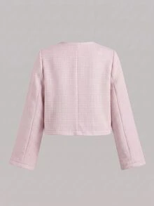 SHEIN 青少年女孩秋冬款白色粉色金屬鈕扣優雅休閒圓領短款粗花呢夾克，秋季服飾，校園穿搭 - 粉色 - 查看 2