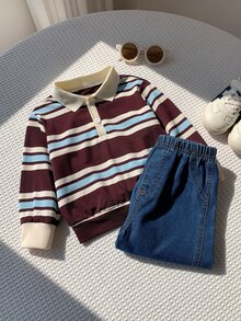 SHEIN 嬰兒男/女童、幼兒 2件組秋冬抓絨加厚休閒可愛條紋 POLO 套裝、衛衣套裝、丹寧牛仔褲、嬰兒冬季套裝、聖誕節 - 咖啡棕 - 查看 3