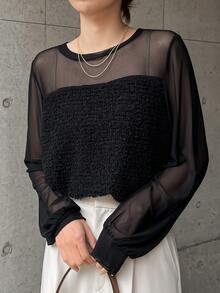 Dazy Tall Women's Round Neck Lace Patchwork Loose Fit Elegant Pullover T-Shirt - Black - View 8