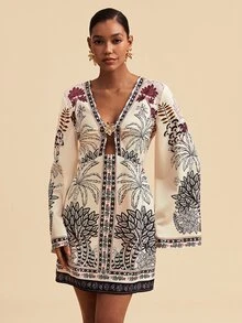 Travachic Women's Vacation Palm Tree Pattern Metal 3D Flower Decor Bell Sleeve Fashion Mini Dress - Multicolor - View 6