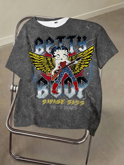 Betty Boop x SHEIN Maglietta casual da donna a maniche corte con grafica a lettere e cartoni animati per uso quotidiano