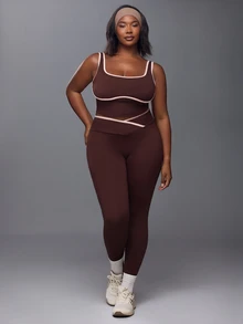 Voyena Women's Plus Size Colorblock Top And Leggings Casual Daily Sports Set - Coffee Brown - View 5