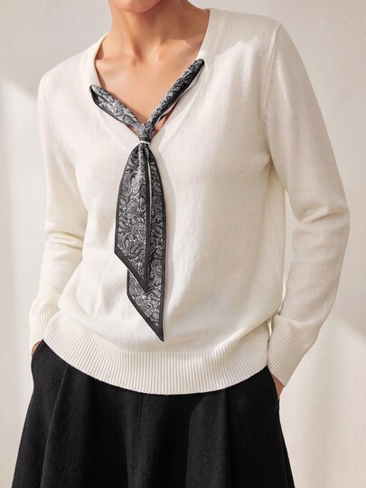 Uhlyne Uhlyne Pulover tricotat elegant casual pentru femei, stil minimalist, versatil pentru navetă, cu guler rotund, mânecă lungă, culoare uni și fundă tip eșarfă