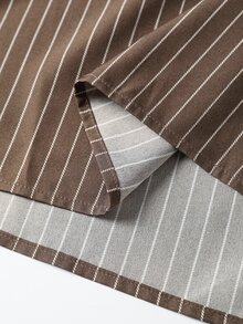 Linhara CURVE Plus Size Casual Brown Striped V-Neck Lace Patchwork Long Sleeve Blouse - Coffee Brown - View 7