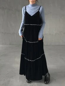 FRIFUL Gaun Pesta Kasual Wanita dengan Motif Blok Warna dan Tali Bahu Tipis - Hitam - View 1
