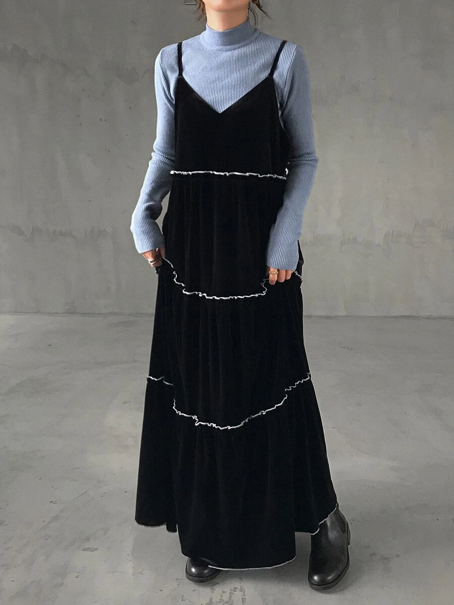 FRIFUL Gaun Pesta Kasual Wanita dengan Motif Blok Warna dan Tali Bahu Tipis - Hitam - View 1