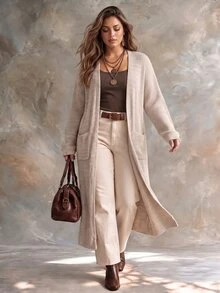 Ceyna Plus Size Women's Fashion Mid-Length Cardigan Sweater With Pockets, Casual Versatile Daily Autumn/Winter Outerwear - Apricot - View 5