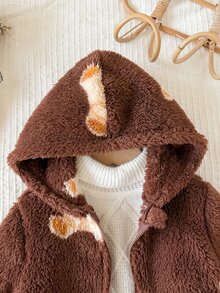 SHEIN LMoss Kids 女嬰休閒純色可愛愛心圖案毛茸茸連帽冬季外套 - 棕色 - 查看 4