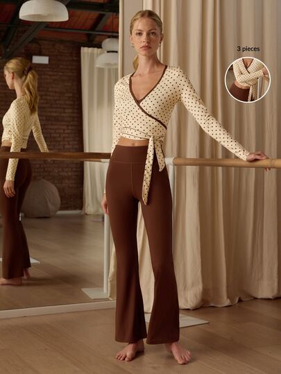 Nöista Brown Workout Set With Polka Dot Wrap Top, Flared Leggings And Layered Sports Bra. Perfect For Yoga, Pilates, Gym, Fitness And Athleisure Looks.