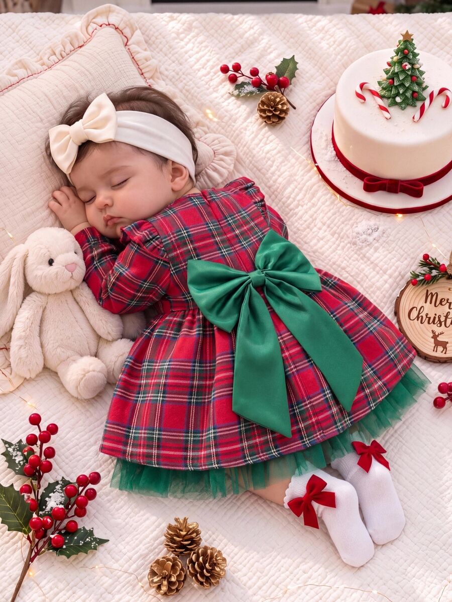 Cozy Pixies Baby Girl Woven Plaid Round Neck 3D Bow Ruffle Trim Mesh Patchwork Casual Dress - Multicolor - View 1