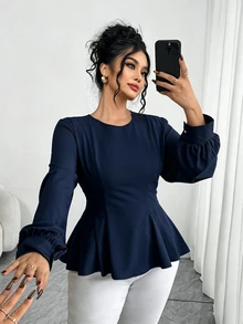 Elenzga 大尺碼女款優雅抓皺圓領長袖上衣 荷葉邊燈籠袖女上衣 秋季優雅荷葉邊上衣 - 藏蓝色 - 查看 5