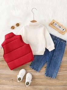 SHEIN 男嬰冬季抓絨背心高領秋季衛衣牛仔褲套裝 - 彩色 - 查看 2