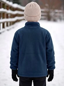 SHEIN 兒童青少年男孩可愛秋冬抓絨立領夾克，深藍色，適合室內、戶外、日常、運動、玩耍、派對、攝影、度假、節日、嘉年華 - 藏蓝色 - 查看 2