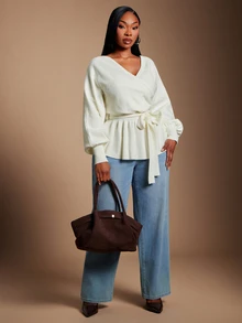 SHEIN SXY Plus Size Women's Solid Color V-Neck Knotted Waist Casual Versatile Long Sleeve Sweater - White - View 7