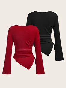 SHEIN EZwear Women's Solid Color Long-Sleeve Crew Neck T-Shirts With Ruched Side Drawstring & Asymmetric Hem (2-Pack) - Multicolor - View 2