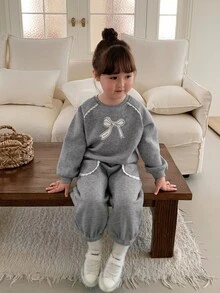 DAZY Infant (Girl) Round Neck Korean Style Long Sleeve Sweatshirt + Casual Long Pants Bowknot Fresh Sweatshirt Set - Grey - View 4