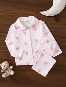 SHEIN Baby Girl Valentine's Day Heart Print Lapel Contrast Trim Button-Front Loose Long Sleeve Top & Straight Soft Thick Brushed Fleece Pants Set, Suitable For Winter - Pink - View 5