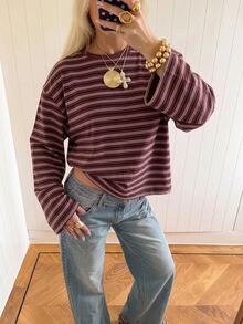 SHEIN EZwear 海外長袖酒紅條紋襯衫，秋季上衣，適合日常通勤、聚會、秋冬春夏、聖誕節、新年、感恩節、派對、婚禮、海灘、畢業典禮、優雅、外出、約會、通勤、情人節、優雅、度假、Y2K、畢業典禮及其他場合 - 彩色 - 查看 4