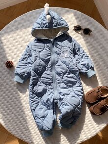 SHEIN 男女通用新生兒嬰兒/幼兒秋冬保暖內裡加厚可愛藍色恐龍連帽連身衣，男嬰冬季連身衣/吊帶褲/雪衣 - 藍色 - 查看 3