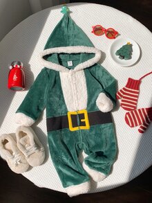 SHEIN 中性新生兒嬰兒男/女童、幼兒秋冬可愛毛絨聖誕老人連身衣、嬰兒冬季連身褲、聖誕老人套裝、聖誕節 - 綠色 - 查看 1