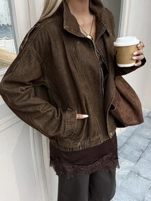 DAZY Women's Zipper Casual Versatile Daily Denim Jacket - Brown - View 5