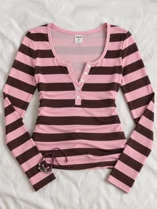 Tween Girl Striped Long Kids Sleeve Casual Versatile T-Shirt With Faux Button Design - White - View 7
