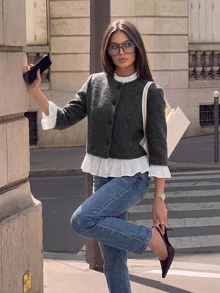 Cévolie Women's Winter New Fashionable Elegant Round Neck 3/4 Sleeve Patchwork Knit Cardigan, Sweet Preppy Style With Ruffle Trim - Grey - View 5