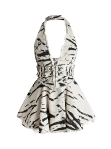 ROMWE Grunge Punk Y2K Distressed Washed Color Cold Shoulder Halter Neck Ruffle Hem Mini Denim Dress For Women, Black - Black and White - View 1