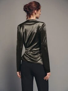 MOTF PREMIUM Combined Structure Strappy Long Sleeve Velvet Top, Autumn/Winter - Coffee Brown - View 5