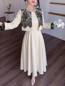 Modelyn Elegant Lace Patchwork Short Jacket & Sleeveless Dress Set - Black and Apricot - View 7