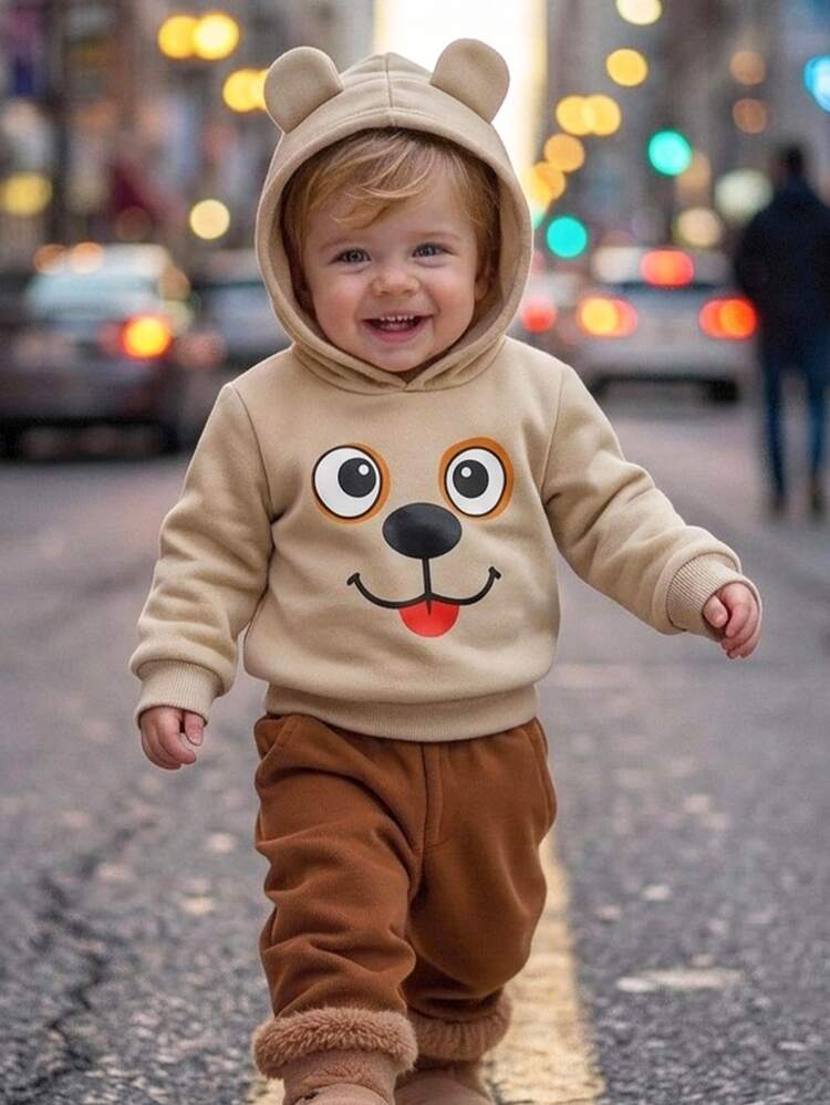 Young Boy Cartoon Pattern Knit Soft Hooded Long Sleeve Pullover Sweatshirt - Multicolor - View 3