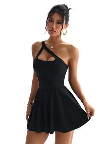 SHEIN Dewbera Women's Solid Color One-Shoulder Cutout Design Sleeveless Sports Dress - Black - View 4