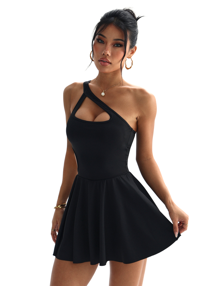 SHEIN Dewbera 女款純色單肩鏤空設計無袖運動洋裝 - 黑色 - 查看 4