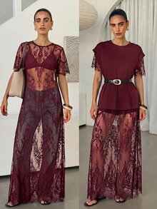 Lavishia 女款圓領短袖透視蕾絲洋裝，蕾絲刺繡透視拍照套裝，黑色花卉，日常優雅派對夜店女裝 - 酒紅色 - 查看 10