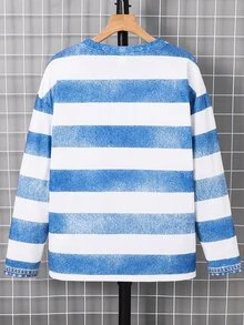 SHEIN 青少年男孩丹寧效果條紋印花圓領長袖休閒T恤 - 彩色 - 查看 2