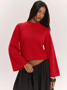SHEIN BAE كنزة نسائية جديدة بياقة نصف عالية وأكمام راجلان فضفاضة بطول 3/4 بتصميم مريح متعدد الاستخدامات وإطلالة جذابة - Fiery Red - مشاهدة 7