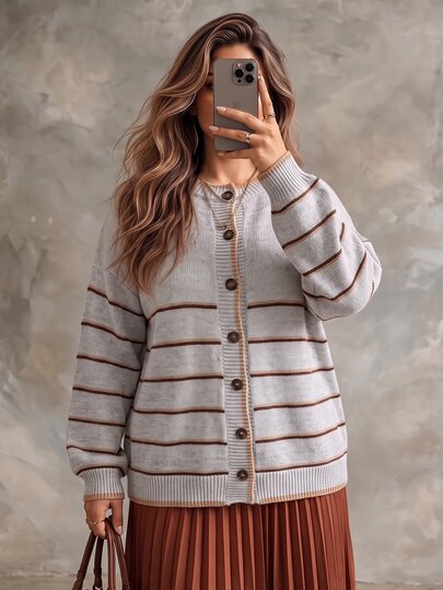 Roveilla Plus Size Women's Striped Drop Shoulder Long Sleeve Single-Breasted Casual Knit Cardigan