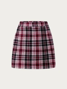 Elladie kids 少女美式學院風服飾套裝，紋理長袖T恤上衣與配套鈕扣裙 2件套搭配組合 - 酒紅色 - 查看 6